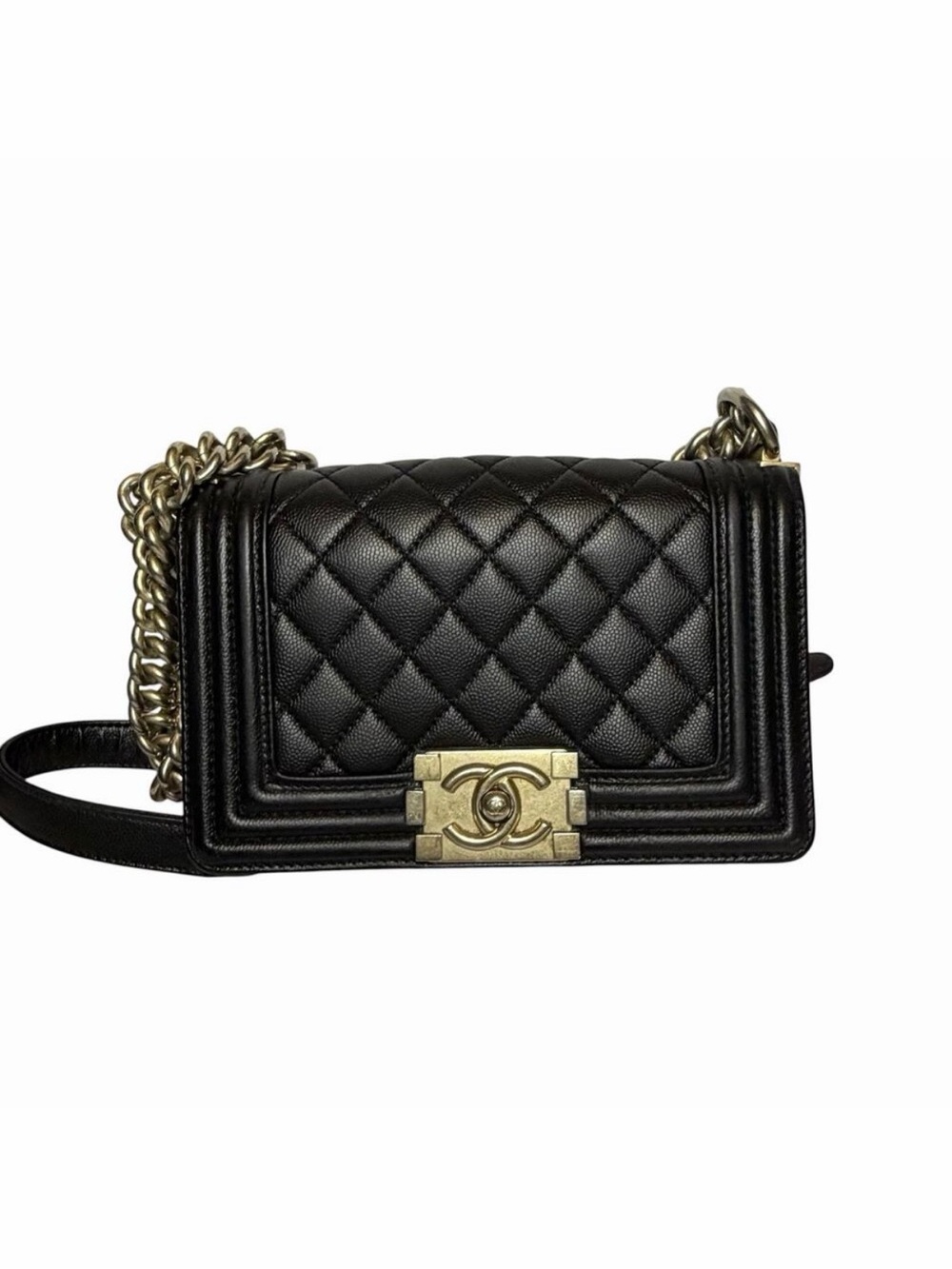 Chanel Small Boy Bag Black Caviar Leather Aged Gold Hardware Flap Crossbody